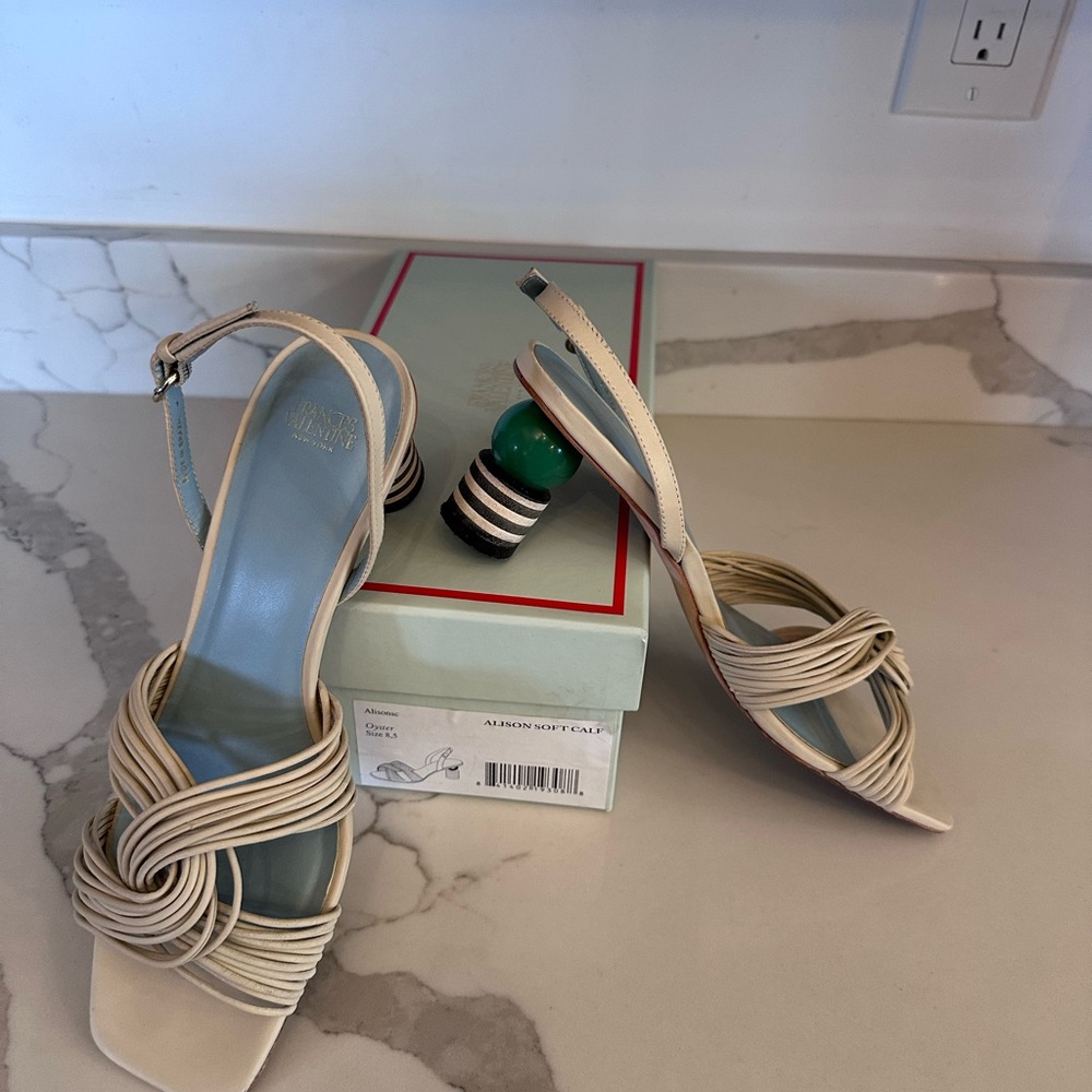 Frances Valentine, Alison Soft Calf, Sandal Sling bk Heel, Oyster Cream, Sz 8.5